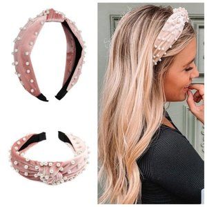 Someday Blush Boutique Pink Faux Pearl Velvet Knotted Headband